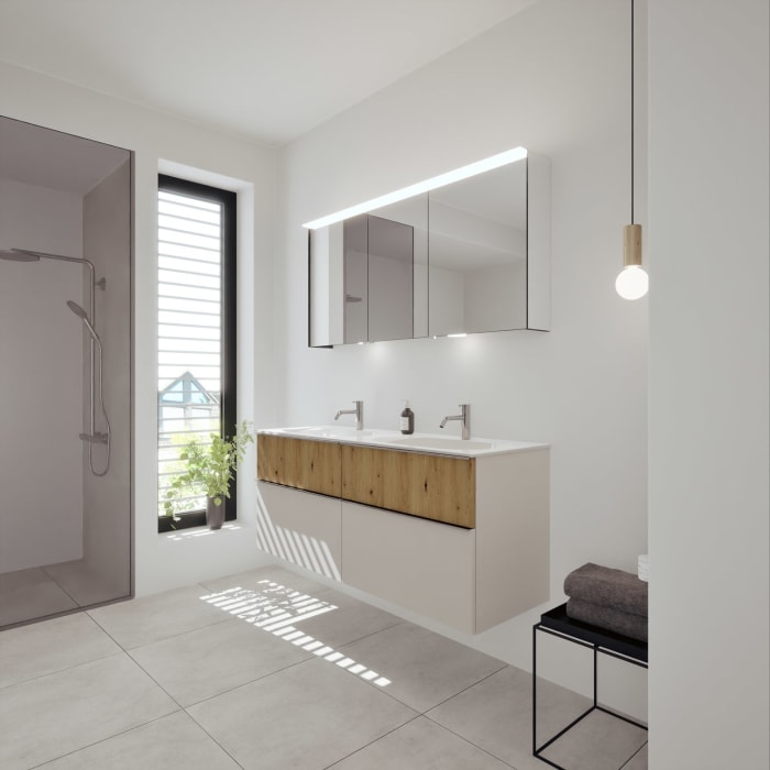 burgbad Fiumo 2.0 Mineralguss-Waschtisch mit Waschtischunterschrank 142 cm, mit Griff G0146