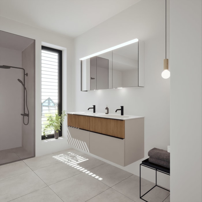 burgbad Fiumo 2.0 Mineralguss-Waschtisch mit Waschtischunterschrank 142 cm, mit Griff G0200