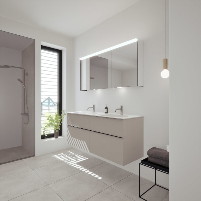 burgbad Fiumo 2.0 Mineralguss-Waschtisch mit Waschtischunterschrank 142 cm, mit Griff G0146