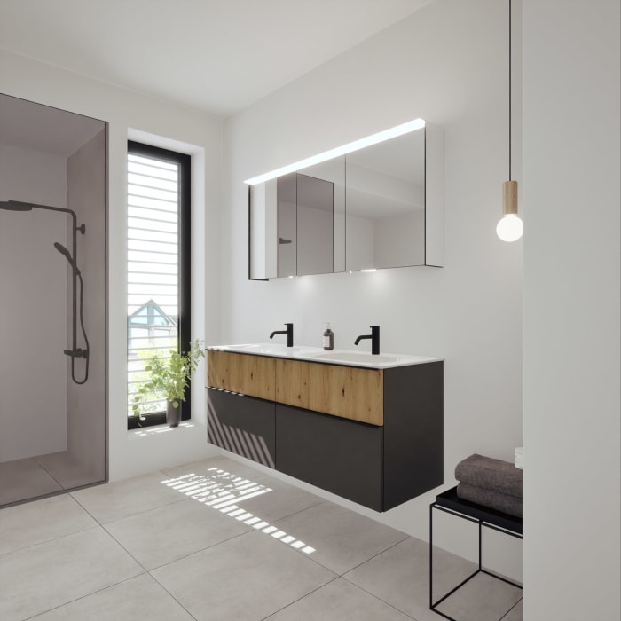 burgbad Fiumo 2.0 Mineralguss-Waschtisch mit Waschtischunterschrank 142 cm, mit Griff G0200