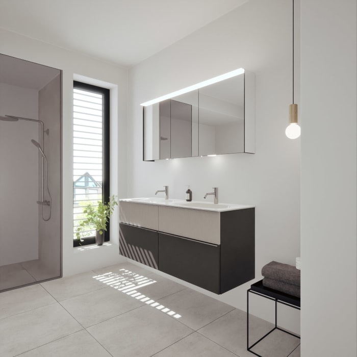 burgbad Fiumo 2.0 Mineralguss-Waschtisch mit Waschtischunterschrank 142 cm, mit Griff G0146