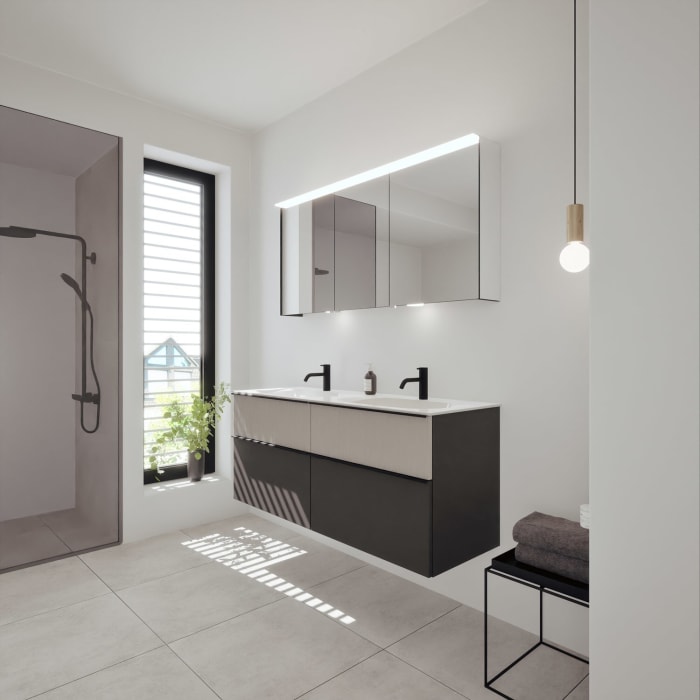 burgbad Fiumo 2.0 Mineralguss-Waschtisch mit Waschtischunterschrank 142 cm, mit Griff G0200