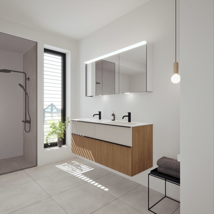 burgbad Fiumo 2.0 Mineralguss-Waschtisch mit Waschtischunterschrank 142 cm, mit Griff G0200