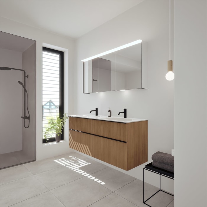 burgbad Fiumo 2.0 Mineralguss-Waschtisch mit Waschtischunterschrank 142 cm, mit Griff G0200