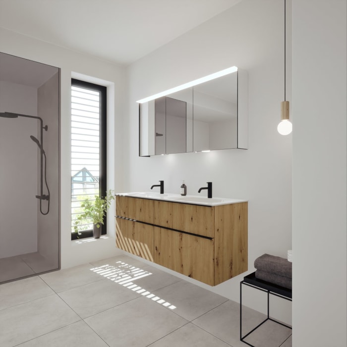 burgbad Fiumo 2.0 Mineralguss-Waschtisch mit Waschtischunterschrank 142 cm, mit Griff G0200