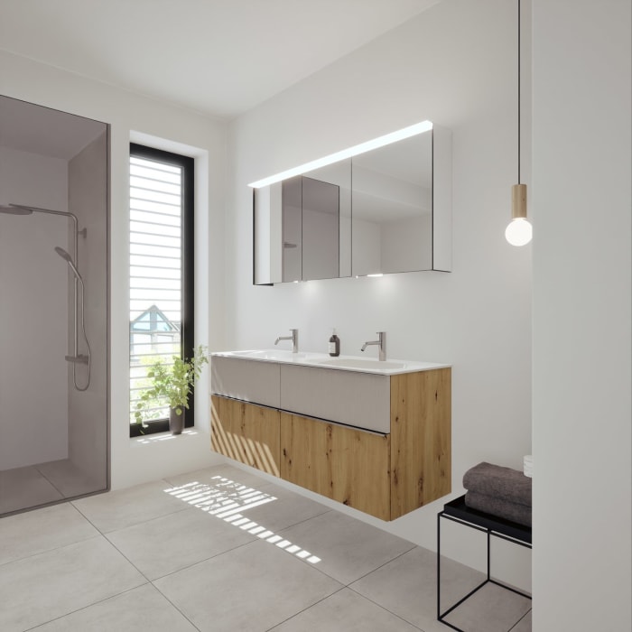 burgbad Fiumo 2.0 Mineralguss-Waschtisch mit Waschtischunterschrank 142 cm, mit Griff G0146