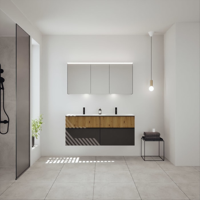 burgbad Fiumo 2.0 Mineralguss-Waschtisch mit Waschtischunterschrank 142 cm, mit Griff G0200