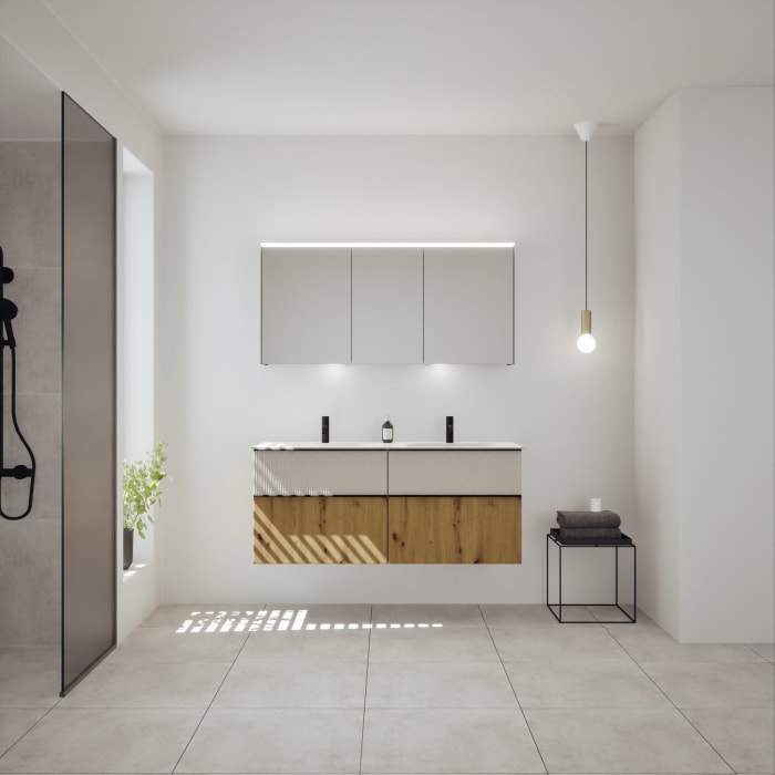 burgbad Fiumo 2.0 Mineralguss-Waschtisch mit Waschtischunterschrank 142 cm, mit Griff G0200