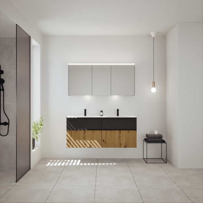 burgbad Fiumo 2.0 Mineralguss-Waschtisch mit Waschtischunterschrank 142 cm, mit Griff G0200