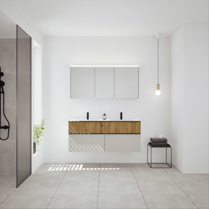 burgbad Fiumo 2.0 Mineralguss-Waschtisch mit Waschtischunterschrank 142 cm, mit Griff G0200