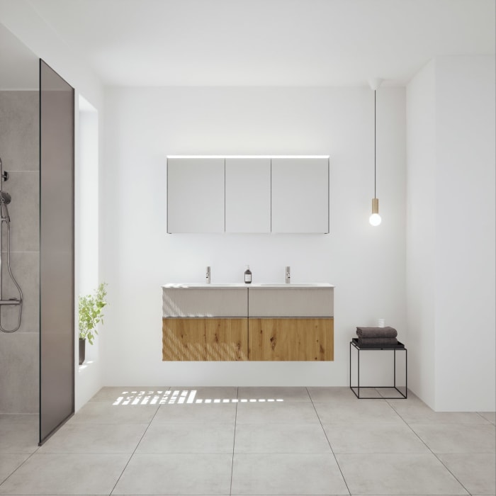 burgbad Fiumo 2.0 Mineralguss-Waschtisch mit Waschtischunterschrank 142 cm, mit Griff G0146