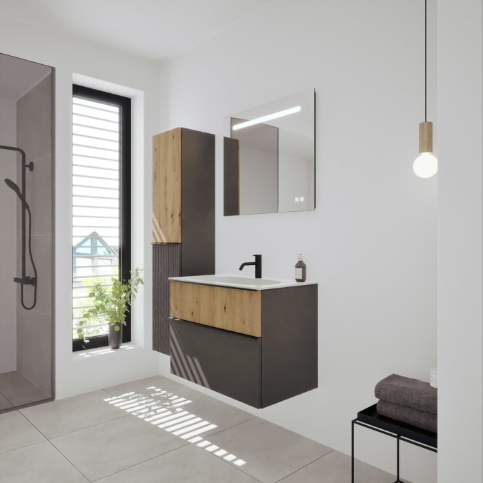 burgbad Fiumo 2.0 Mineralguss-Waschtisch mit Waschtischunterschrank 82 cm, mit Griff G0200