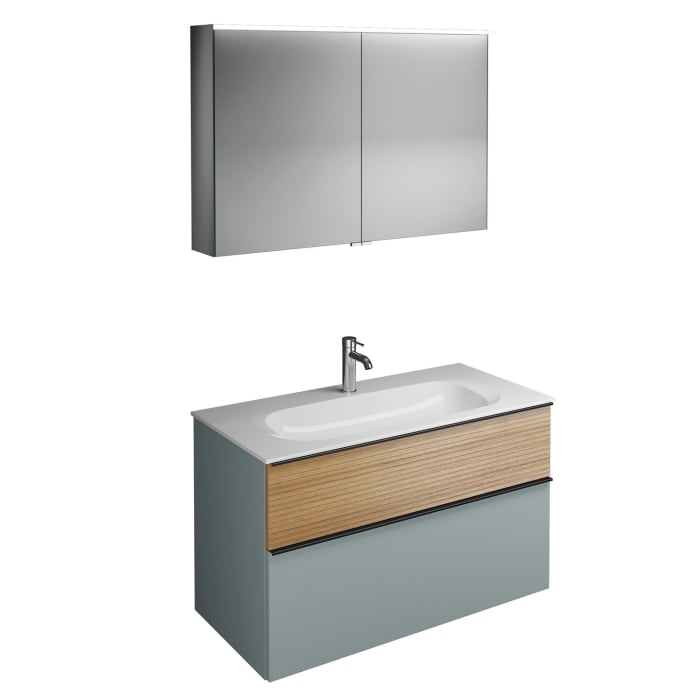 burgbad Fiumo Badmöbel-Set 102 cm mit Waschtisch und Unterschrank  mit Griff G0200 sowie mit Spiegelschrank