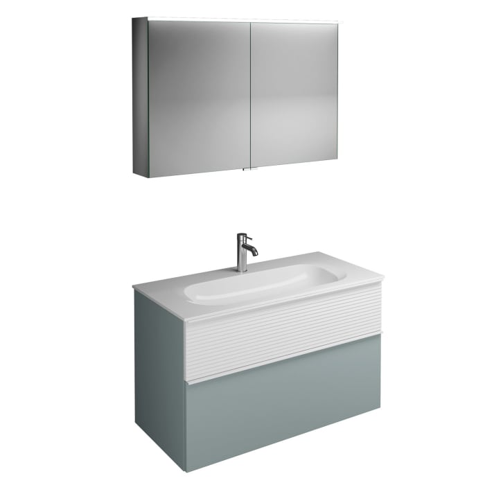 burgbad Fiumo Badmöbel-Set 102 cm mit Waschtisch und Unterschrank  mit Griff G0223 sowie mit Spiegelschrank