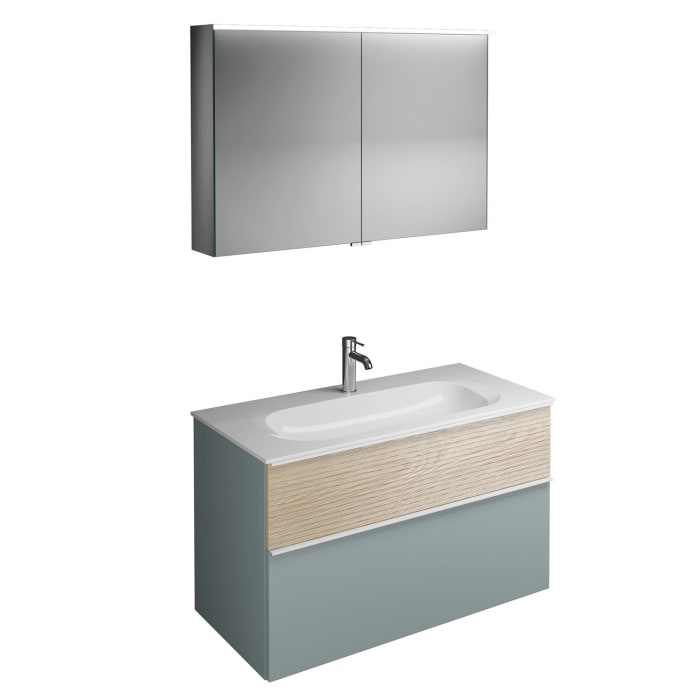 burgbad Fiumo Badmöbel-Set 102 cm mit Waschtisch und Unterschrank  mit Griff G0223 sowie mit Spiegelschrank