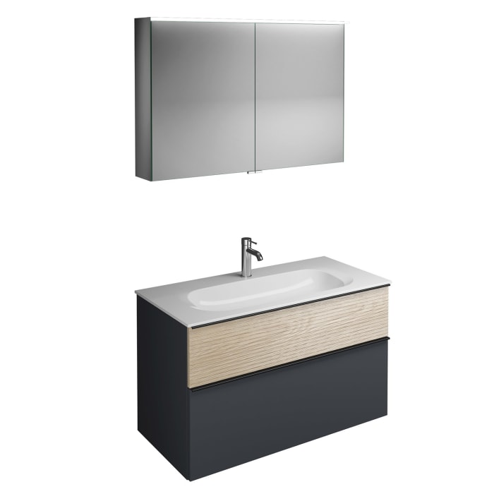 burgbad Fiumo Badmöbel-Set 102 cm mit Waschtisch und Unterschrank  mit Griff G0200 sowie mit Spiegelschrank