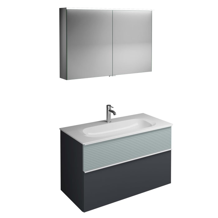 burgbad Fiumo Badmöbel-Set 102 cm mit Waschtisch und Unterschrank  mit Griff G0223 sowie mit Spiegelschrank