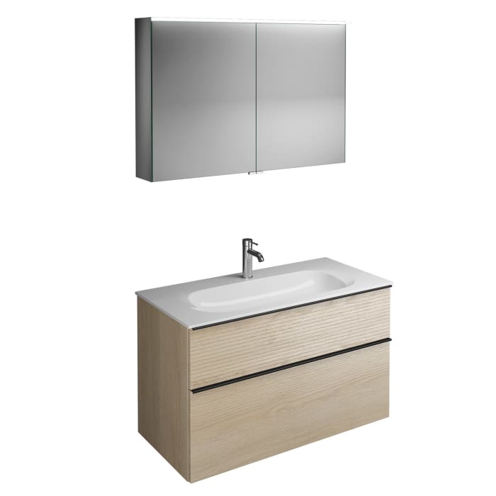 burgbad Fiumo Badmöbel-Set 102 cm mit Waschtisch und Unterschrank  mit Griff G0200 sowie mit Spiegelschrank