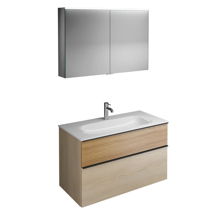 burgbad Fiumo Badmöbel-Set 102 cm mit Waschtisch und Unterschrank  mit Griff G0200 sowie mit Spiegelschrank