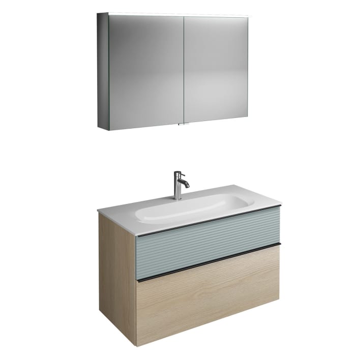 burgbad Fiumo Badmöbel-Set 102 cm mit Waschtisch und Unterschrank  mit Griff G0200 sowie mit Spiegelschrank