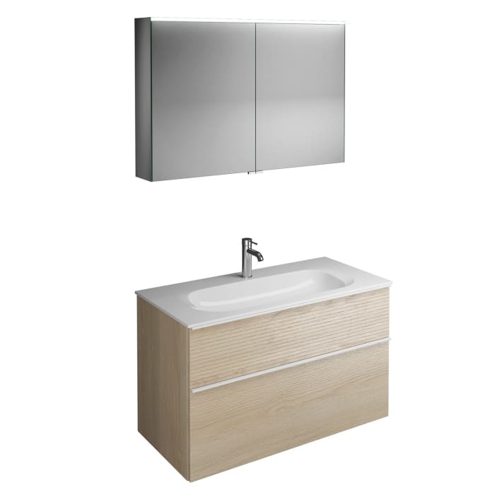 burgbad Fiumo Badmöbel-Set 102 cm mit Waschtisch und Unterschrank  mit Griff G0223 sowie mit Spiegelschrank