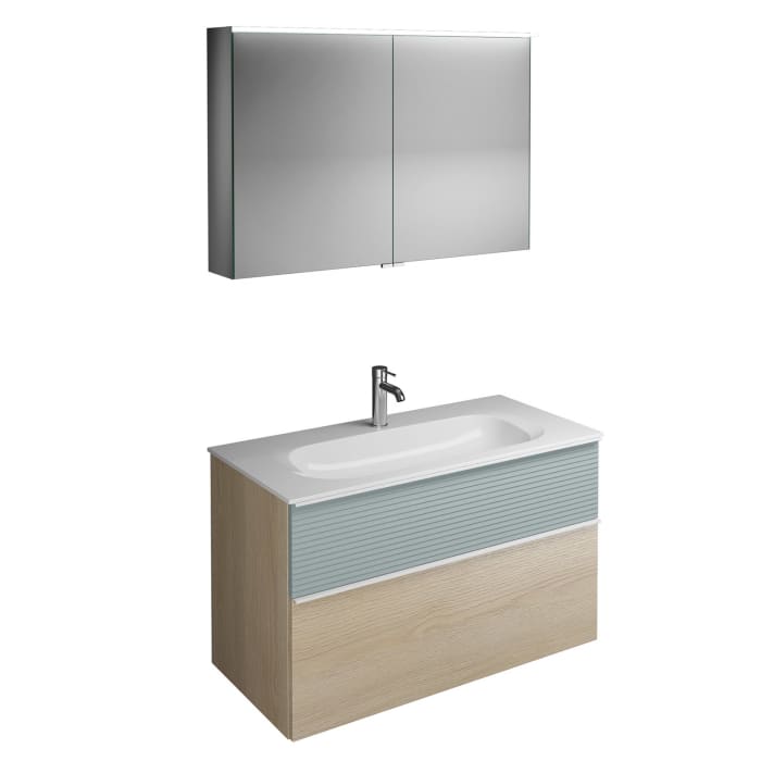 burgbad Fiumo Badmöbel-Set 102 cm mit Waschtisch und Unterschrank  mit Griff G0223 sowie mit Spiegelschrank