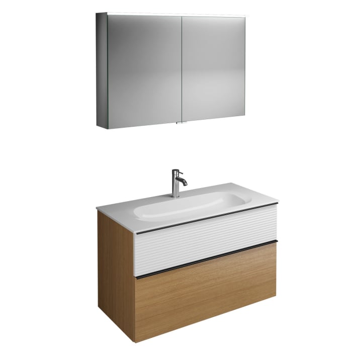 burgbad Fiumo Badmöbel-Set 102 cm mit Waschtisch und Unterschrank  mit Griff G0200 sowie mit Spiegelschrank