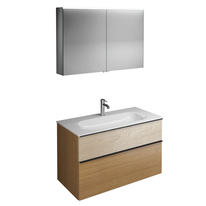 burgbad Fiumo Badmöbel-Set 102 cm mit Waschtisch und Unterschrank  mit Griff G0200 sowie mit Spiegelschrank