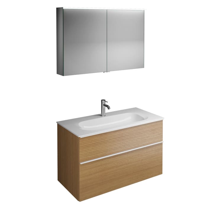 burgbad Fiumo Badmöbel-Set 102 cm mit Waschtisch und Unterschrank  mit Griff G0223 sowie mit Spiegelschrank