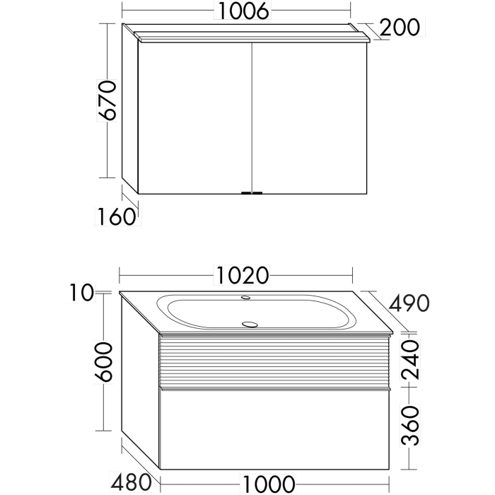 burgbad Fiumo Badmöbel-Set 102 cm mit Waschtisch und Unterschrank  mit Griff G0223 sowie mit Spiegelschrank