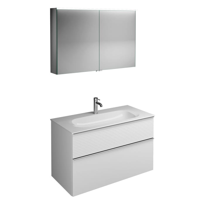 burgbad Fiumo Badmöbel-Set 102 cm mit Waschtisch und Unterschrank  mit Griff G0146 sowie mit Spiegelschrank