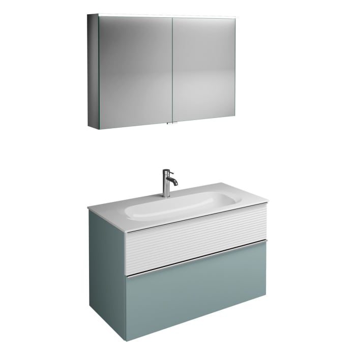 burgbad Fiumo Badmöbel-Set 102 cm mit Waschtisch und Unterschrank  mit Griff G0146 sowie mit Spiegelschrank