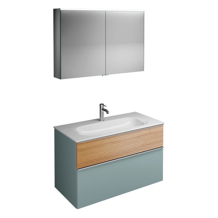 burgbad Fiumo Badmöbel-Set 102 cm mit Waschtisch und Unterschrank  mit Griff G0146 sowie mit Spiegelschrank