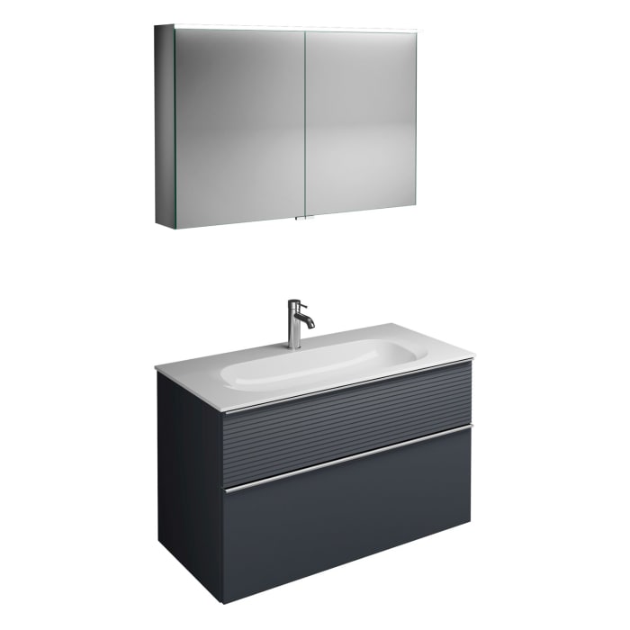 burgbad Fiumo Badmöbel-Set 102 cm mit Waschtisch und Unterschrank  mit Griff G0146 sowie mit Spiegelschrank