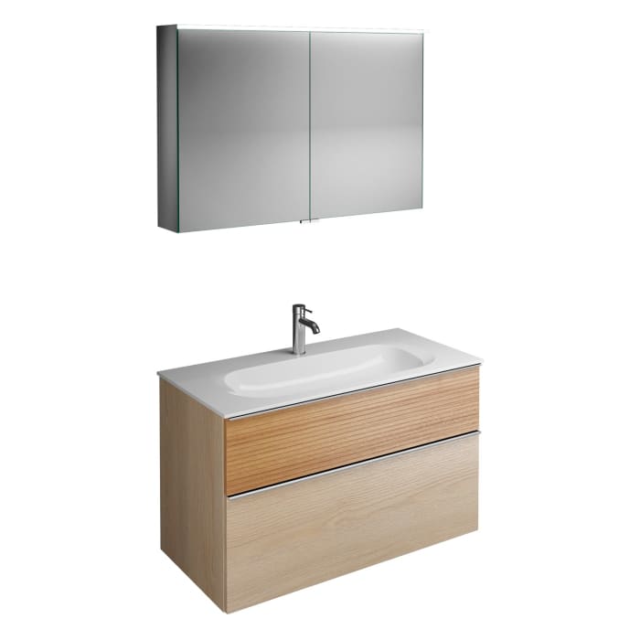 burgbad Fiumo Badmöbel-Set 102 cm mit Waschtisch und Unterschrank  mit Griff G0146 sowie mit Spiegelschrank