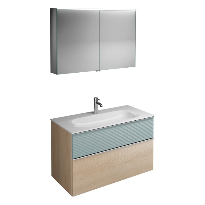 burgbad Fiumo Badmöbel-Set 102 cm mit Waschtisch und Unterschrank  mit Griff G0146 sowie mit Spiegelschrank