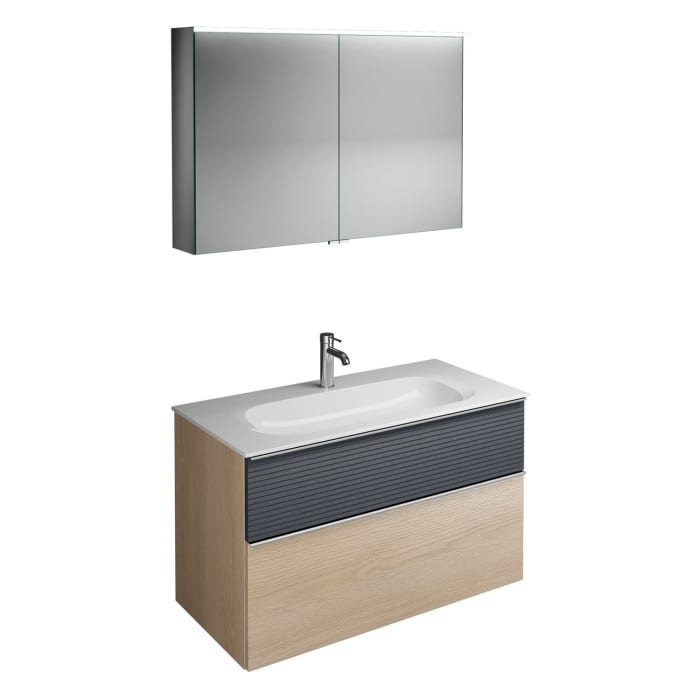 burgbad Fiumo Badmöbel-Set 102 cm mit Waschtisch und Unterschrank  mit Griff G0146 sowie mit Spiegelschrank