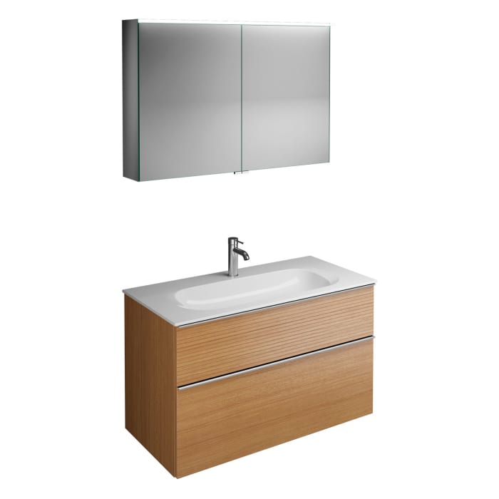 burgbad Fiumo Badmöbel-Set 102 cm mit Waschtisch und Unterschrank  mit Griff G0146 sowie mit Spiegelschrank