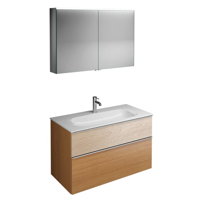 burgbad Fiumo Badmöbel-Set 102 cm mit Waschtisch und Unterschrank  mit Griff G0146 sowie mit Spiegelschrank