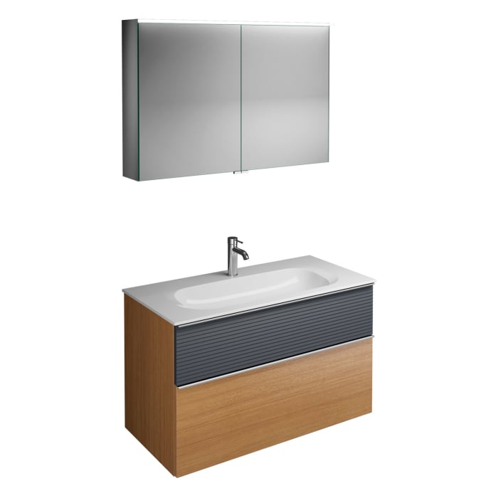 burgbad Fiumo Badmöbel-Set 102 cm mit Waschtisch und Unterschrank  mit Griff G0146 sowie mit Spiegelschrank