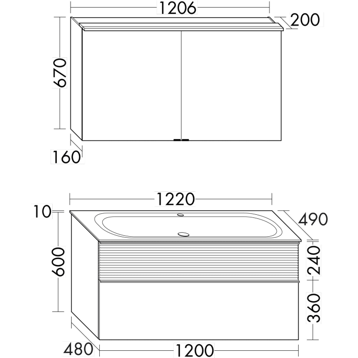 burgbad Fiumo Badmöbel-Set 122 cm mit Waschtisch mit 1 Hahnloch und Unterschrank  mit Griff G0146 sowie mit Spiegelschrank