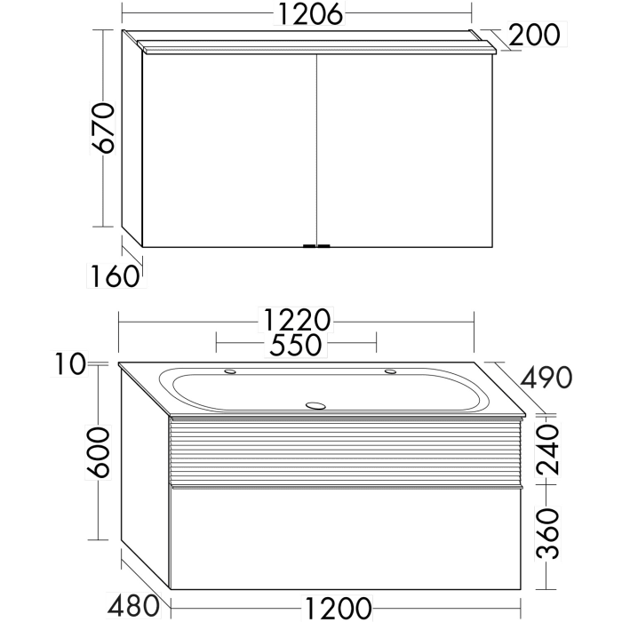 burgbad Fiumo Badmöbel-Set 122 cm mit Waschtisch mit 2 Hahnlöcher und Unterschrank  mit Griff G0223 sowie mit Spiegelschrank