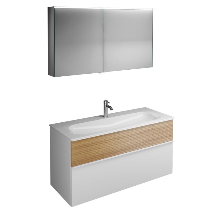 burgbad Fiumo Badmöbel-Set 122 cm mit Waschtisch mit 1 Hahnloch und Unterschrank  mit Griff G0223 sowie mit Spiegelschrank