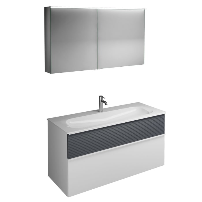 burgbad Fiumo Badmöbel-Set 122 cm mit Waschtisch mit 1 Hahnloch und Unterschrank  mit Griff G0223 sowie mit Spiegelschrank