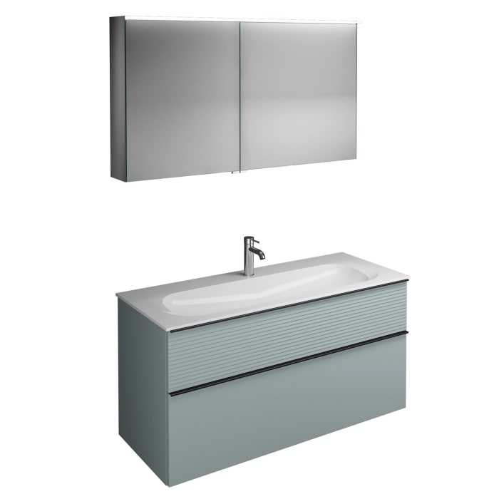 burgbad Fiumo Badmöbel-Set 122 cm mit Waschtisch mit 1 Hahnloch und Unterschrank  mit Griff G0200 sowie mit Spiegelschrank