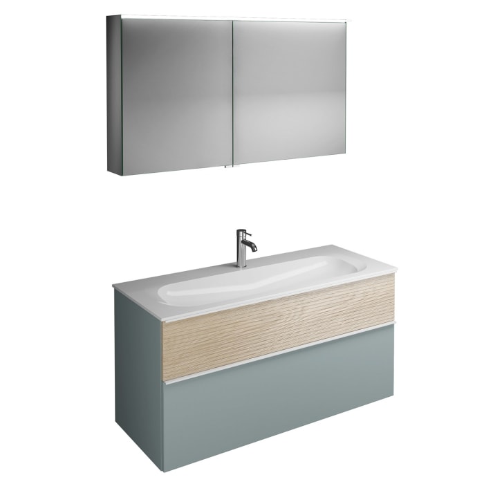 burgbad Fiumo Badmöbel-Set 122 cm mit Waschtisch mit 1 Hahnloch und Unterschrank  mit Griff G0223 sowie mit Spiegelschrank