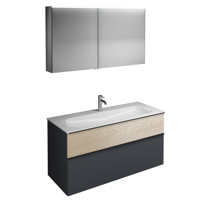 burgbad Fiumo Badmöbel-Set 122 cm mit Waschtisch mit 1 Hahnloch und Unterschrank  mit Griff G0200 sowie mit Spiegelschrank