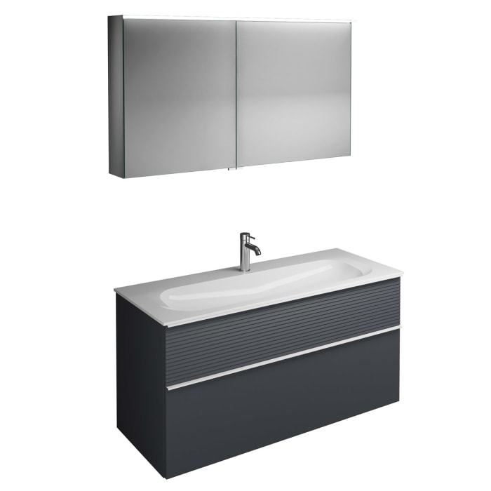 burgbad Fiumo Badmöbel-Set 122 cm mit Waschtisch mit 1 Hahnloch und Unterschrank  mit Griff G0223 sowie mit Spiegelschrank