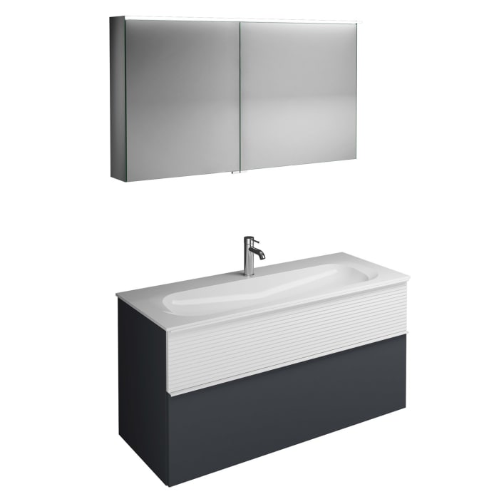 burgbad Fiumo Badmöbel-Set 122 cm mit Waschtisch mit 1 Hahnloch und Unterschrank  mit Griff G0223 sowie mit Spiegelschrank