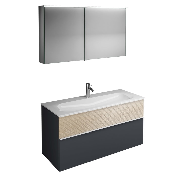 burgbad Fiumo Badmöbel-Set 122 cm mit Waschtisch mit 1 Hahnloch und Unterschrank  mit Griff G0223 sowie mit Spiegelschrank